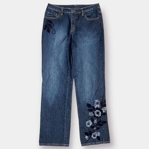 Talbots Embroidery Applique Lace Floral Blue  Wide Leg Jeans Stretch Size 4